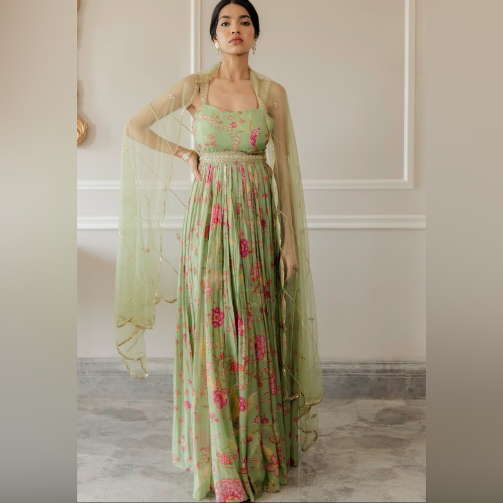 Pista Green Printed Anarkali Set